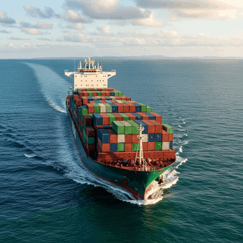 Крупный контейнеровоз с разноцветными контейнерами в море